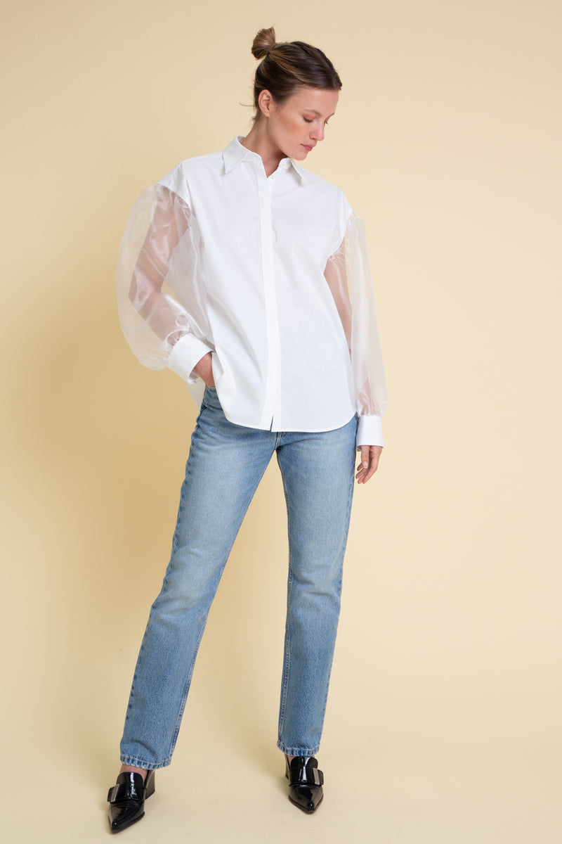 White Puff Organza Sleeves Cotton Blouse