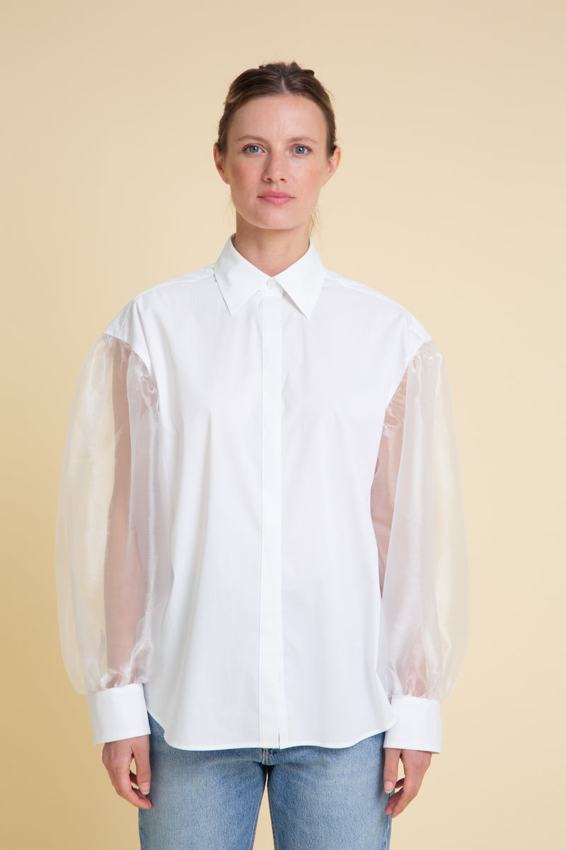 White Puff Organza Sleeves Cotton Blouse