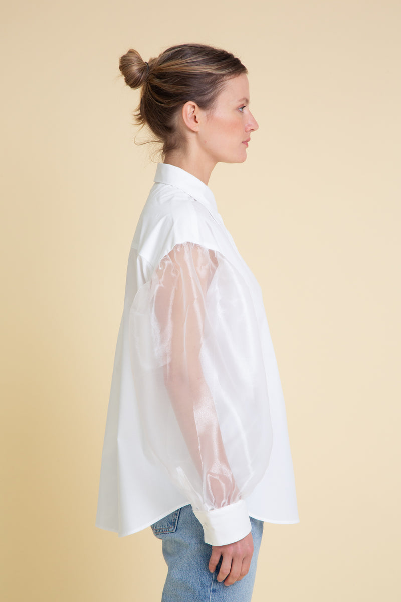 White Puff Organza Sleeves Cotton Blouse