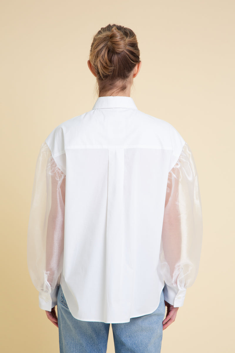 White Puff Organza Sleeves Cotton Blouse