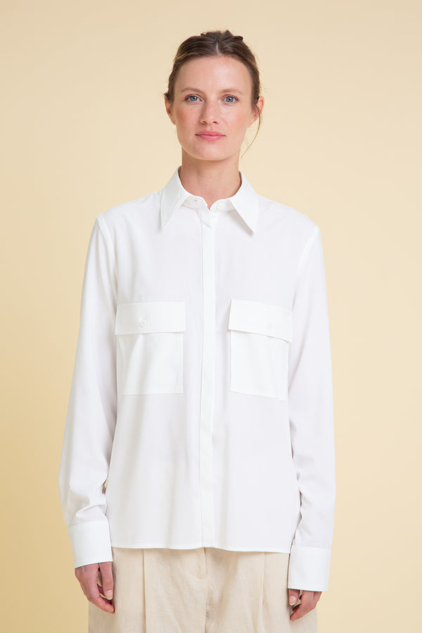 WHITE TWO FRONT POCKETS TAILORED VISCOSE SHIRT