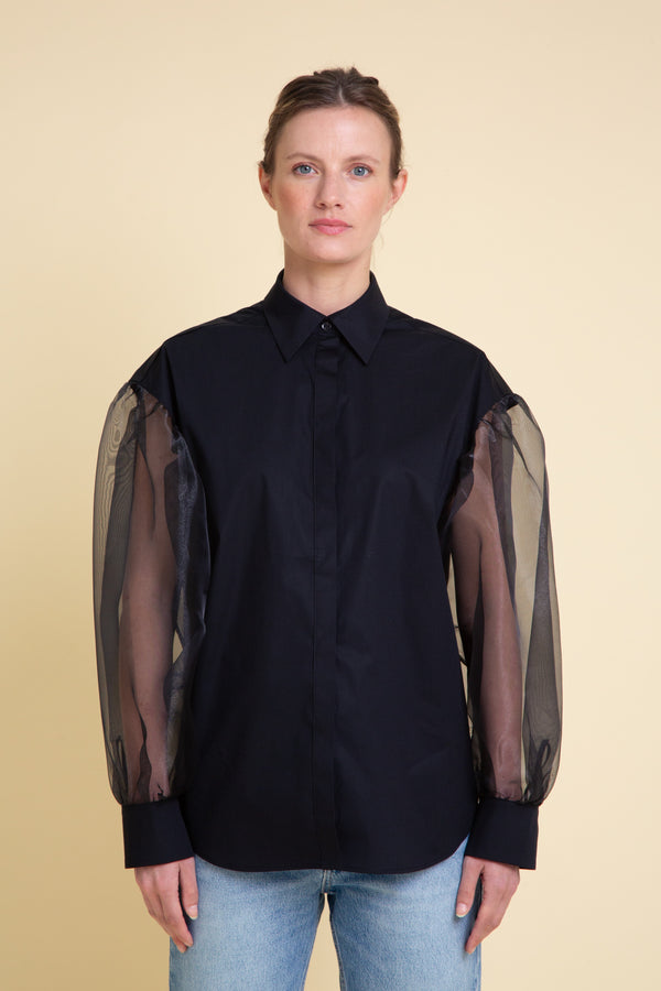 Organza Sleeves Cotton Blouse Black