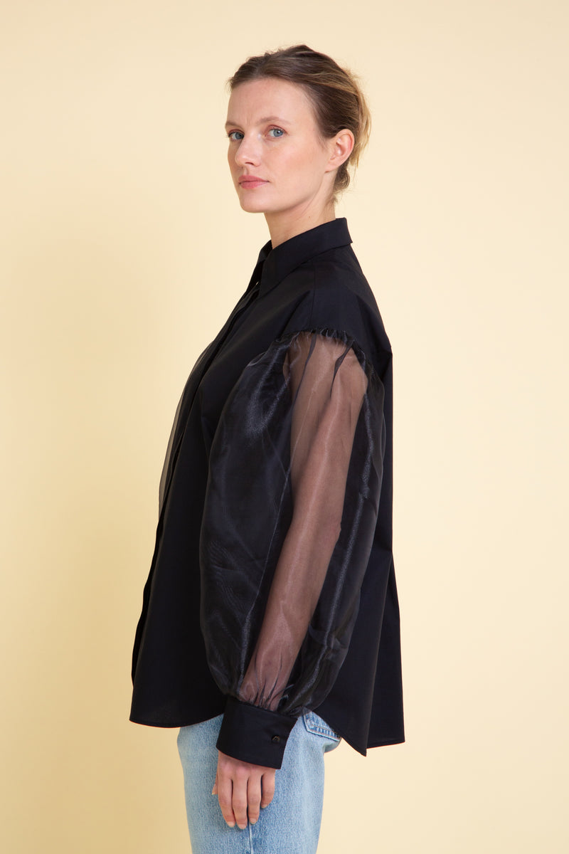 Organza Sleeves Cotton Blouse Black